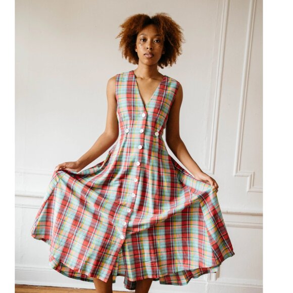 Nikki Chasin Sleeveless Baroness Dress Pink Peony Plaid - Picture 1 of 6